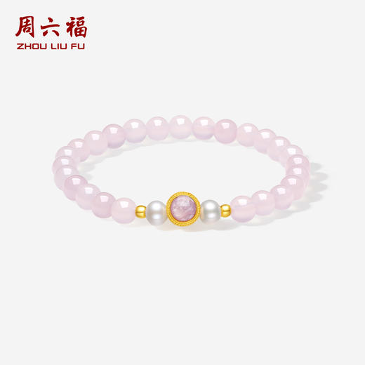 周六福黄金珍珠手串女款5d硬金足金镶嵌玉髓几何珐琅弹力绳手串 商品图0