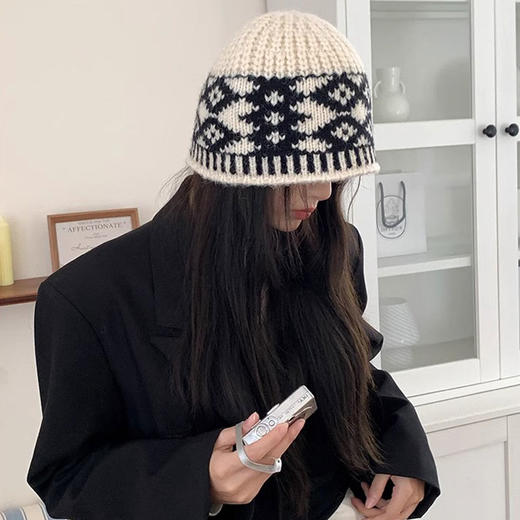 复古菱格针织毛线帽女 冬季针织帽显脸小 保暖防寒 商品图7