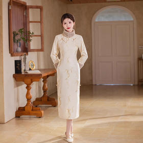 加绒保暖米色复古风长袖，新中式日常可穿毛绒旗袍MYJ873