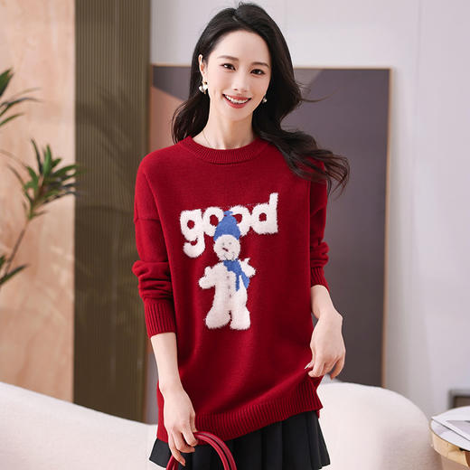 本命年新年红色毛衣，洋气减龄宽松提花打底衫上衣CC- 89-2515 商品图3