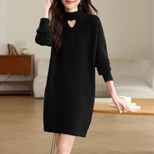 CC-XFY-2297秋冬季新款好看慵懒风加厚气质宽松遮肚子中长款半高领毛衣裙女 商品图3