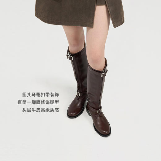 lost in echo2024秋季新款厚底真皮圆头扣带长筒靴骑士靴子马靴女 商品图3