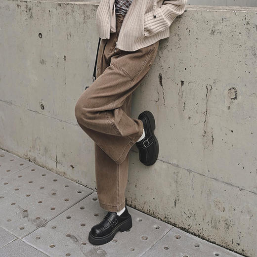 【顺丰包邮】35043 洛诗琳复古水染咖棉质阔腿直筒腰带牛仔裤658 商品图3