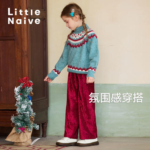 LittleNaive女童圣诞毛衣半高领费尔岛套头毛衣冬儿童复古针织衫 商品图3