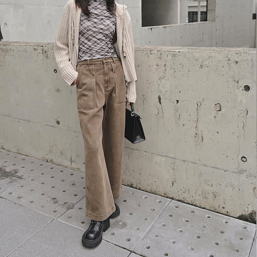 【顺丰包邮】35043 洛诗琳复古水染咖棉质阔腿直筒腰带牛仔裤658 商品图1