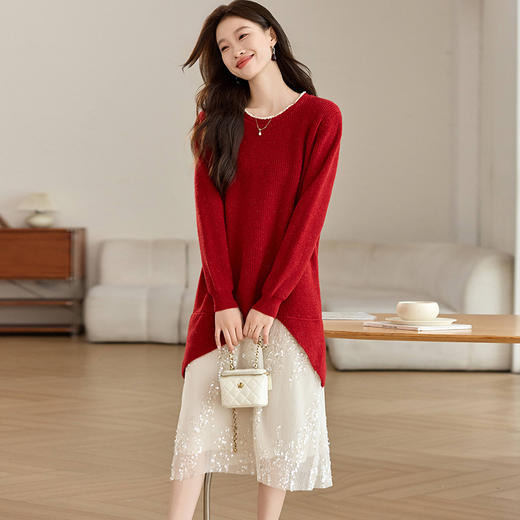 CC-XFY-2295网纱拼接过膝红色毛衣裙女秋冬2024新款内搭中长款收腰系带连衣裙 商品图1