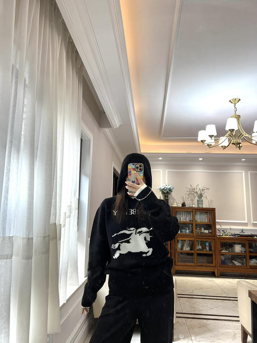 1218-3 独家圆正 BBR黑色羊毛羊绒 徽标字母 骑士战马 情侣款 连帽针织衫 商品图8