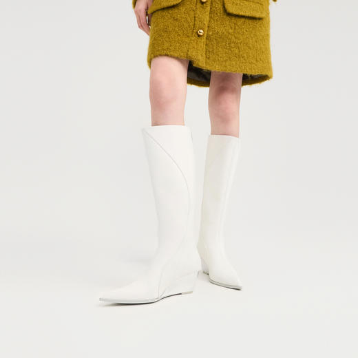 lost in echo2024秋冬新款坡跟高跟尖头线条拼接高筒靴长筒靴子 商品图4