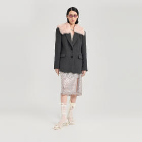 lost in echo2024冬季新款羊毛可拆卸毛领灰色毛呢大衣西装外套女