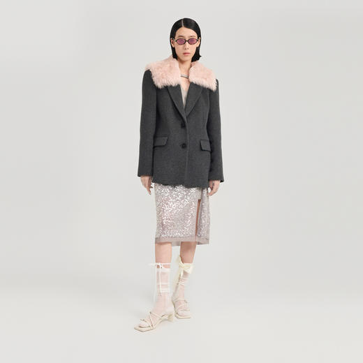 lost in echo2024冬季新款羊毛可拆卸毛领灰色毛呢大衣西装外套女 商品图0