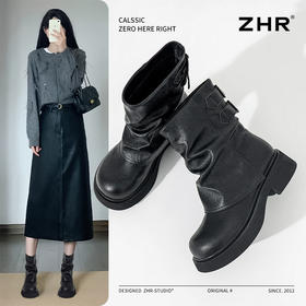 ZHR则则时尚堆堆靴西部小短靴2024新款秋冬百搭女靴ins加绒马丁靴