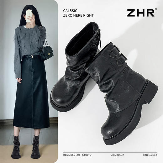 ZHR则则时尚堆堆靴西部小短靴2024新款秋冬百搭女靴ins加绒马丁靴 商品图0