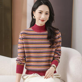 CC-101-35460秋冬新款羊毛针织衫复古洋气条纹半高领显瘦毛衣女提花打底衫批发