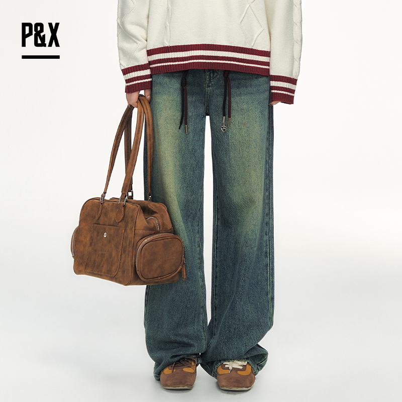 P&X设计师女装新款时尚水洗牛仔宽松长裤825110060 蓝色