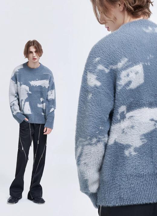 TIWILLTANG启世录 层灰软糯貂绒原创抽象纹圆领保暖针织衫厚毛衣 商品图0