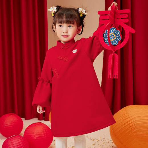 【精典泰迪】【100，130】女童加绒连衣裙儿童大红色拜年服 商品图3