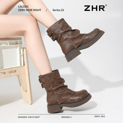 ZHR则则时尚堆堆靴西部小短靴2024新款秋冬百搭女靴ins加绒马丁靴 商品图6