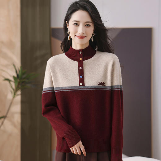 CC-101-35459拼色羊毛针织衫女秋冬新款韩版宽松时尚百搭拼色保暖毛衣打底衫厚 商品图3
