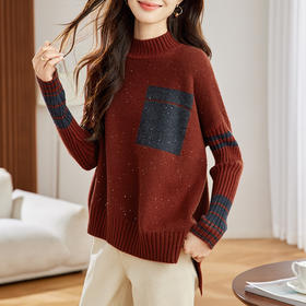 CC-XFY-2311慵懒风半高领拼色宽松遮肚毛衣女2024秋冬加厚前短后长针织打底衫