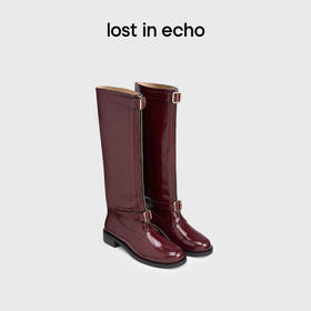 lost in echo2024秋季新款厚底真皮圆头扣带长筒靴骑士靴子马靴女