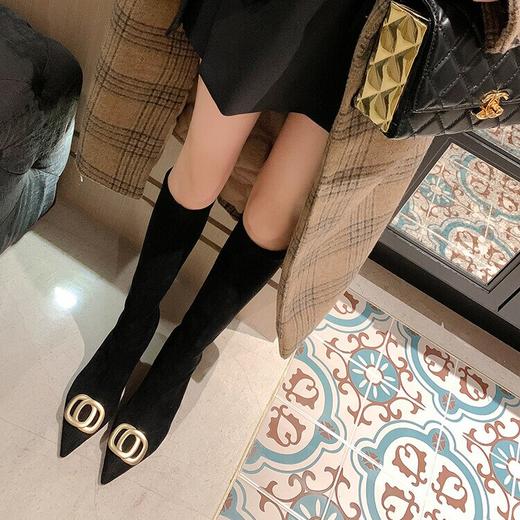 【预售7天】韩版尖头性感高筒靴细跟袜靴高跟7cm包腿瘦瘦靴绒面金属弹力长靴SLLJ&sl-6077 商品图1