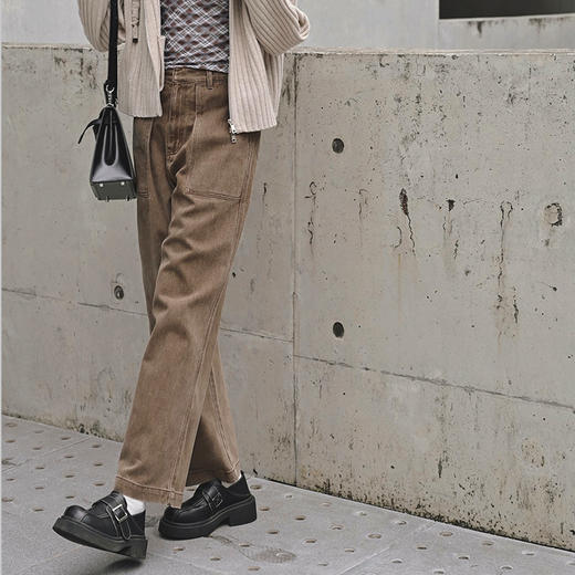 【顺丰包邮】35043 洛诗琳复古水染咖棉质阔腿直筒腰带牛仔裤658 商品图4