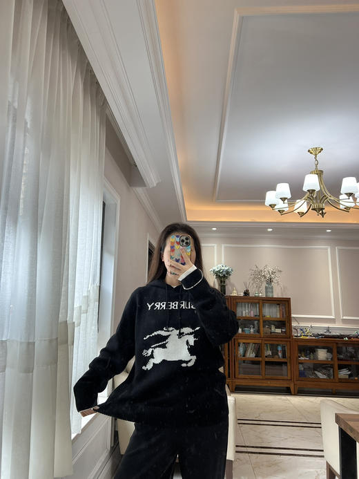 1218-3 独家圆正 BBR黑色羊毛羊绒 徽标字母 骑士战马 情侣款 连帽针织衫 商品图2