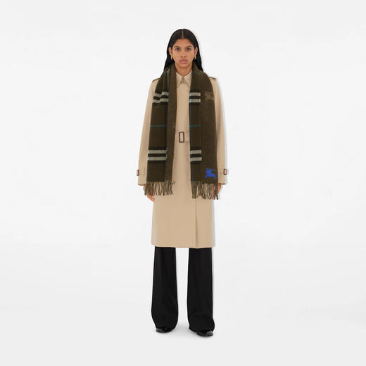 【一】BURBERRY 巴宝莉 男女同款双面两用马术骑士徽标拼格纹羊绒围巾 棕色 8095225 C1170 商品图2