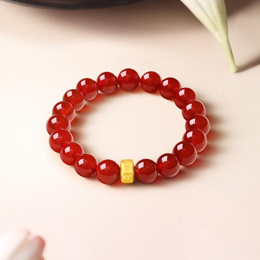 周六福黄金手串情侣款3d硬金定价九华山联名六字真言足金玛瑙手串 商品图2