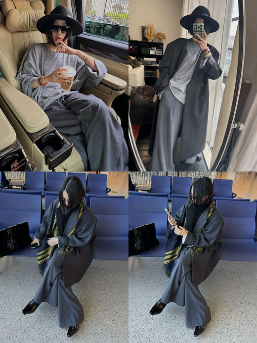 HIDEMI【江疏影同款】进口绵羊毛保暖厚款双压褶垂顺感超模阔腿裤长裤 黑色|深灰色 商品图1