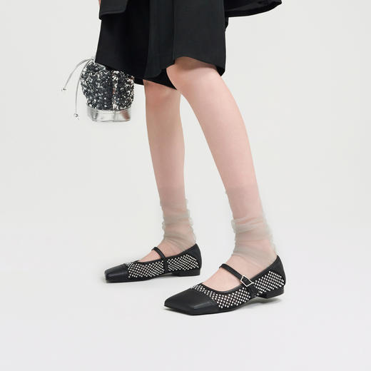 lost in echo2025春夏新款斜方头烫钻网纱玛丽珍平底芭蕾舞鞋单鞋 商品图4