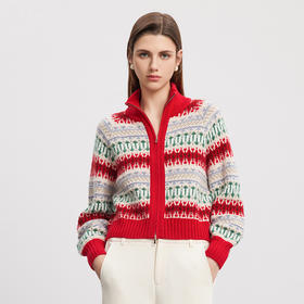 【圣诞系列羊绒开衫】羊绒世家秋冬新品女士100%山羊绒条纹撞色外套