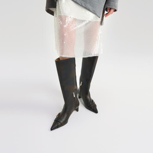 lost in echo2024秋冬新款猫跟尖头气眼条带低跟长靴高筒靴子女 商品图3