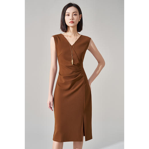 米思阳2026春季新款气质通勤V领连衣裙设计感捏褶显瘦包臀裙4225 商品图1