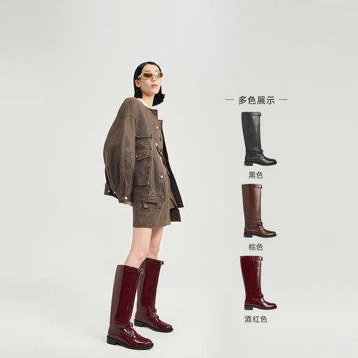 lost in echo2024秋季新款厚底真皮圆头扣带长筒靴骑士靴子马靴女 商品图1