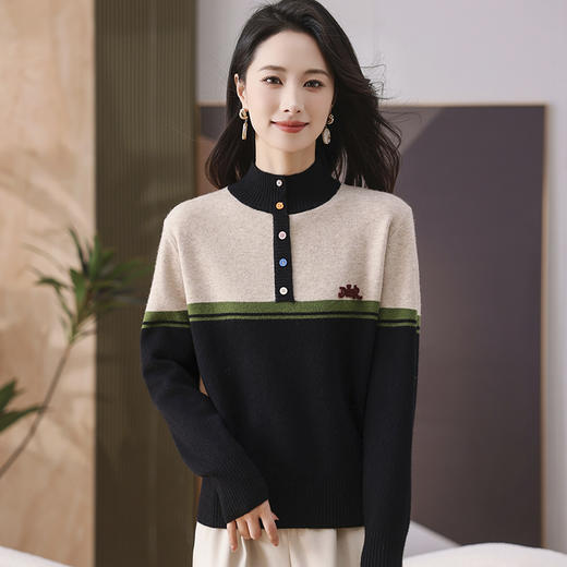 CC-101-35459拼色羊毛针织衫女秋冬新款韩版宽松时尚百搭拼色保暖毛衣打底衫厚 商品图1