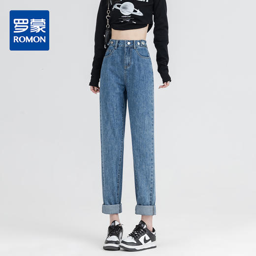 罗蒙女士四季款牛仔裤百搭休闲通勤女九分裤高腰显瘦直筒女裤子 商品图0