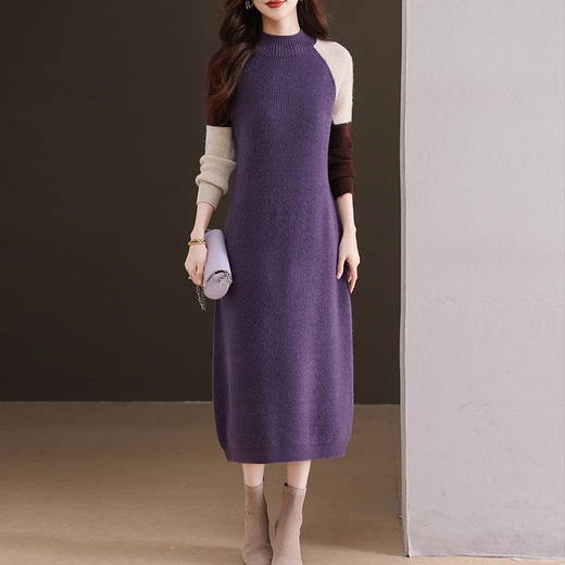 CC-103-77119秋冬季新款拼色优雅大方宽松半高领长款毛衣裙百搭休闲内搭 商品图1