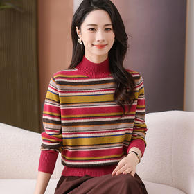 CC-101-35464秋冬新款羊毛针织衫复古洋气条纹显瘦毛衣女半高领打底衫厚