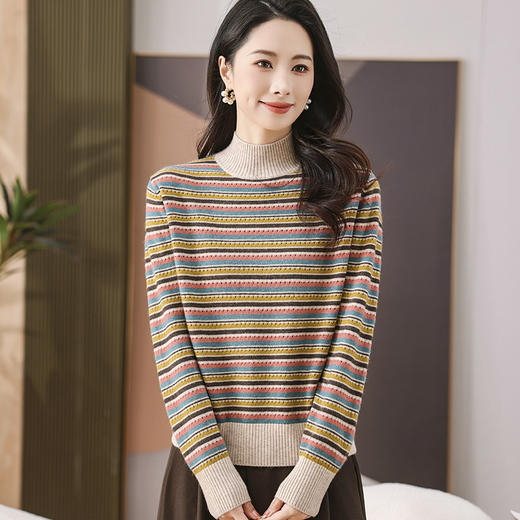 CC-101-35460秋冬新款羊毛针织衫复古洋气条纹半高领显瘦毛衣女提花打底衫批发 商品图3