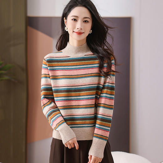 CC-101-35464秋冬新款羊毛针织衫复古洋气条纹显瘦毛衣女半高领打底衫厚 商品图1