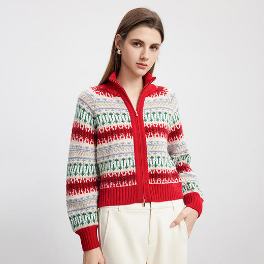 【圣诞系列羊绒开衫】羊绒世家秋冬新品女士100%山羊绒条纹撞色外套 商品图2