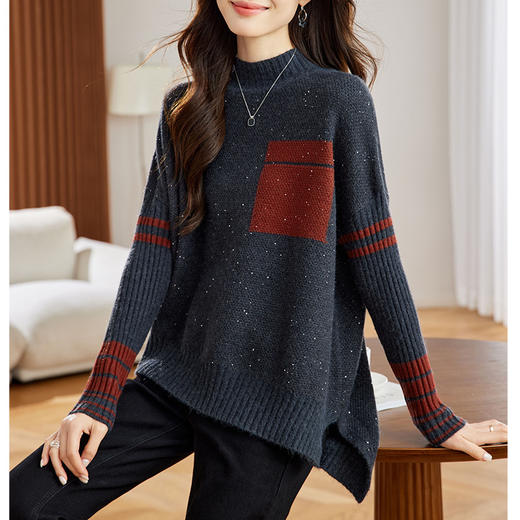 CC-XFY-2311慵懒风半高领拼色宽松遮肚毛衣女2024秋冬加厚前短后长针织打底衫 商品图1