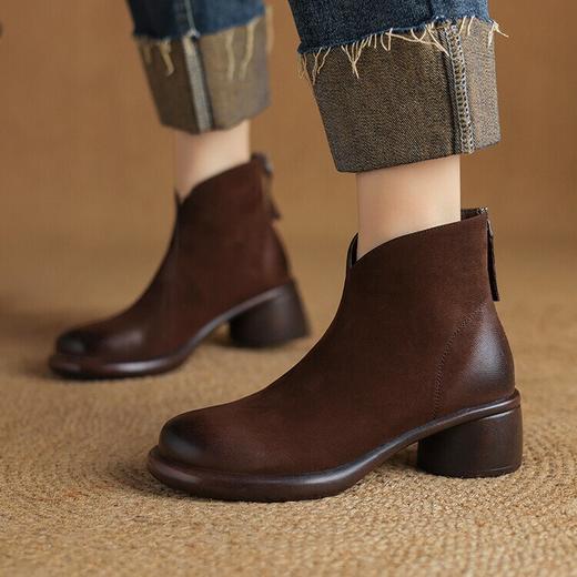 【预售5天】羊皮时装靴秋冬季新款圆头粗跟低跟女靴防水台拉链短靴女DPJ&7072 商品图0