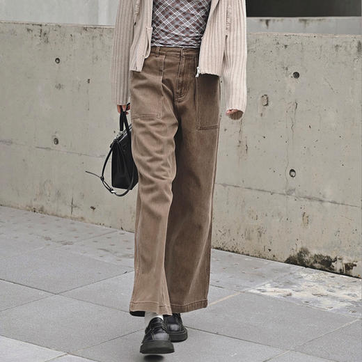 【顺丰包邮】35043 洛诗琳复古水染咖棉质阔腿直筒腰带牛仔裤658 商品图2