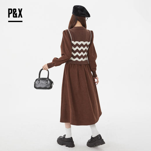 P&X设计师女装新款梭织撞色过膝连衣长裙825108093 咖色 商品图4