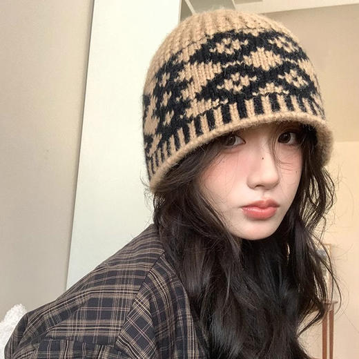 复古菱格针织毛线帽女 冬季针织帽显脸小 保暖防寒 商品图2