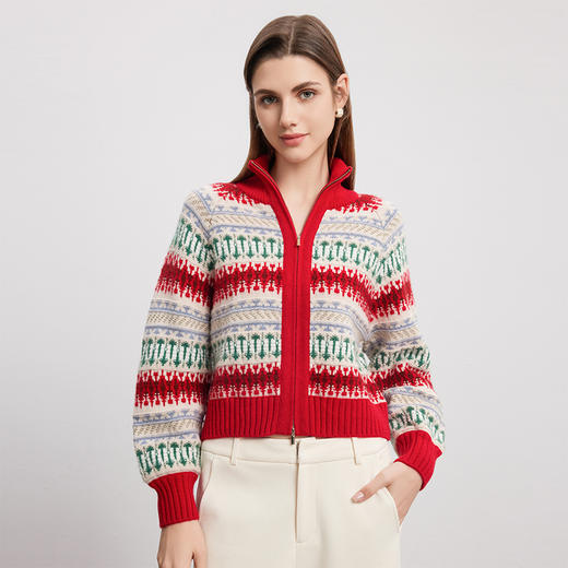 【圣诞系列羊绒开衫】羊绒世家秋冬新品女士100%山羊绒条纹撞色外套 商品图3