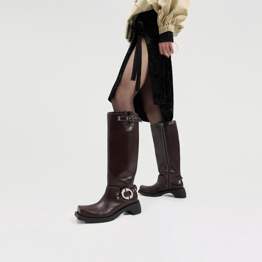 lost in echo2024秋冬新款时尚牛皮方头扣饰直筒机车靴子长筒靴女 商品图4