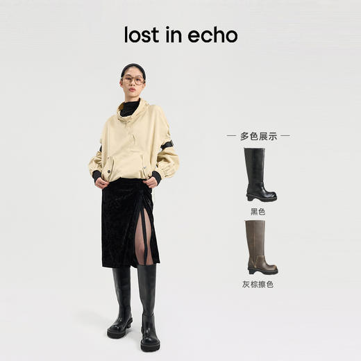 lost in echo2024秋季新款翘圆头积木跟厚底高筒长筒靴子骑士靴女 商品图1
